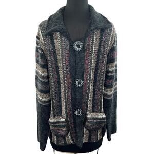 TIVOLI Of Ireland Gray Red Button-Down Cardigan Oversized Collar & Pocket Sz XL
